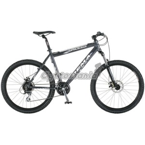 Dema Passo Horsk� kolo v jemn�m �ed�m designu s r�mem Alloy 6061-T6 a vidlic� Suntour. DEMA