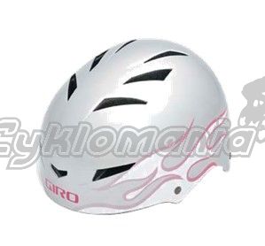 Downhill/BMX p�ilba Giro Flak silver/pink flames P�ilba nejen na dirt jump a freestyle s odolnou ABS sko�epinou, EPS p�nov�m polystyrenem a pohodln�m polstrov�n�m. P�ilba kter� v�m padne na hlavu a se kterou jezd� sv�tov� riders. Giro