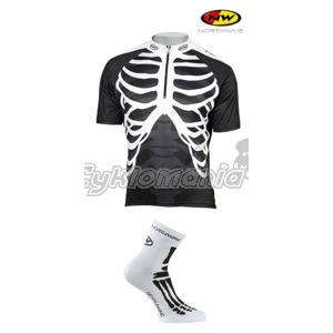 Dres Northwave Skeleton p�nsk� + pono�ky Skeleton V�konostn� p�il�hav� st�ih z kolekce Graphics 2010 inspirovan� lidsk�m t�lem. Dres navr�en� pro cestu i MTB z prody�n�ho materi�lu s kr�tk�m ragl�nov�m ruk�vem. Pono�ky Skeleton v designu dresu. Northwave