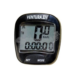 Cyklokomputer Ventura XIV NEW Velmi kvalitn� model cyklokomputeru s dvou��dkov�m displayem. Nastaviteln� pr�m�r kola, odoln� proti vod� a de�ti. Balen� zahrnuje kompletn� sadu k mont�i na kolo. Upev�ov�n� na ly�iny. Ventura